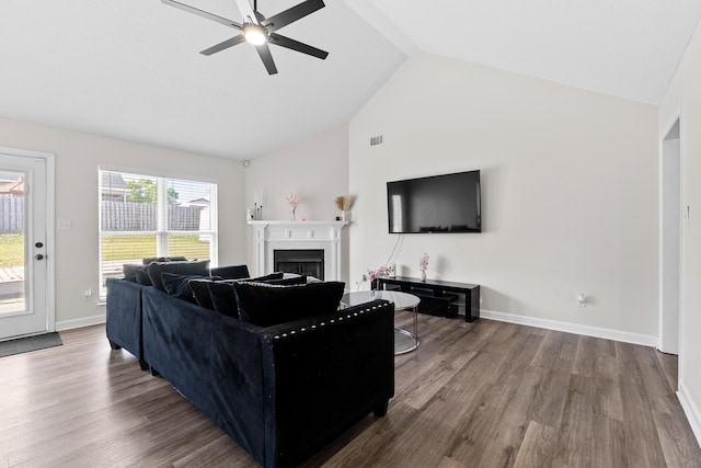 3235 Warwick Pl, Hephzibah, GA 30815 - living room with ceiling fan, wood finished floors, a fireplace, and high vaulted ceiling