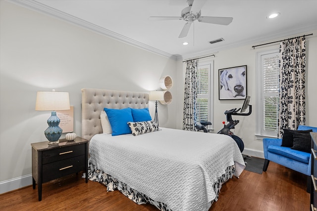 2801 Peachtree Pl, Augusta, GA 30909 - bedroom featuring wood finished floors, ornamental molding, baseboards, recessed lighting, and a ceiling fan