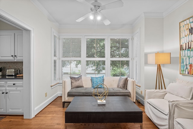 2801 Peachtree Pl, Augusta, GA 30909 - living area with ceiling fan, light wood-style floors, crown molding, and baseboards