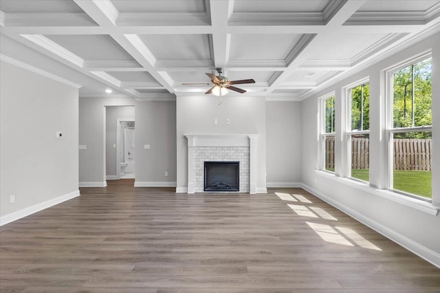 823 Elsie Dr, North Augusta, SC 29860 - unfurnished living room with a ceiling fan, wood finished floors, a fireplace, coffered ceiling, and beam ceiling