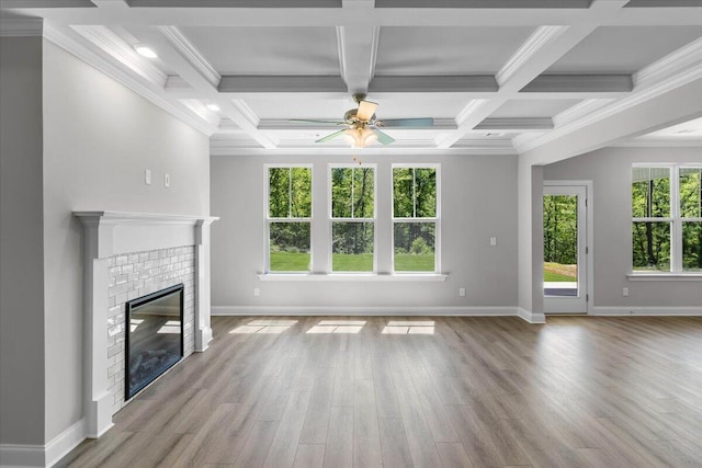 823 Elsie Dr, North Augusta, SC 29860 - unfurnished living room with a ceiling fan, a fireplace, wood finished floors, beamed ceiling, and coffered ceiling