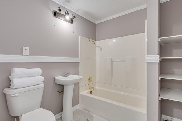 full bath featuring marble finish floor, shower / bathtub combination, toilet, ornamental molding, and baseboards
