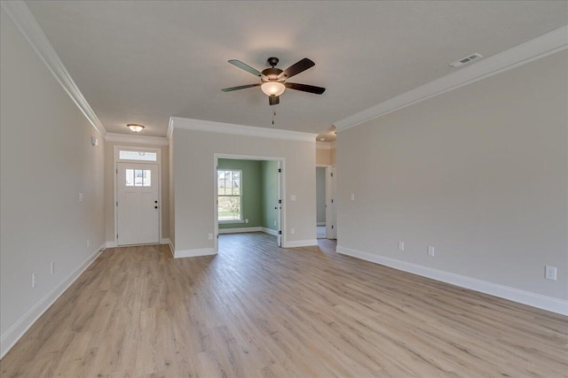 unfurnished living room featuring crown molding, ceiling fan, and light hardwood / wood-style flooring