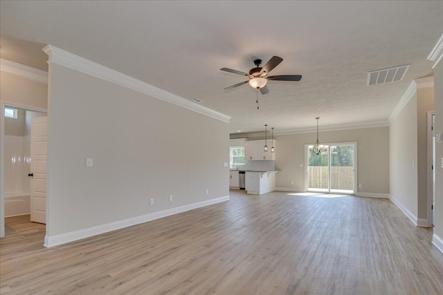 unfurnished living room with ornamental molding, ceiling fan with notable chandelier, and light hardwood / wood-style flooring