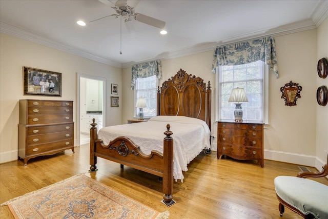 bedroom with multiple windows, ornamental molding, light hardwood / wood-style floors, and ceiling fan