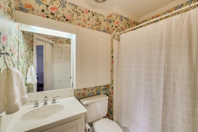 bathroom with crown molding, walk in shower, vanity, and toilet