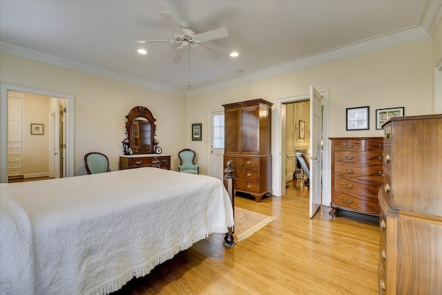 bedroom featuring crown molding, ceiling fan, and light hardwood / wood-style floors