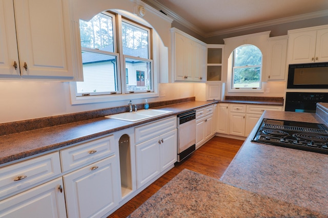 902 Patriots Pt, Mccormick, SC 29835 - kitchen featuring black appliances, open shelves, a sink, ornamental molding, and white cabinetry