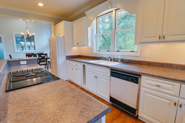 902 Patriots Pt, Mccormick, SC 29835 - kitchen with white appliances, a sink, a chandelier, crown molding, and wood finished floors