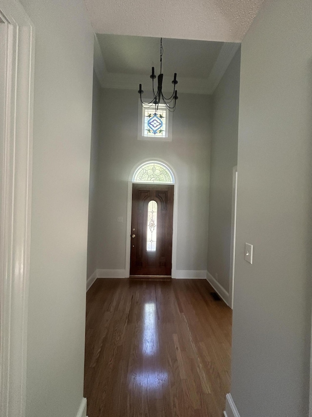 902 Patriots Pt, Mccormick, SC 29835 - foyer with a chandelier, dark wood-style flooring, baseboards, a towering ceiling, and crown molding