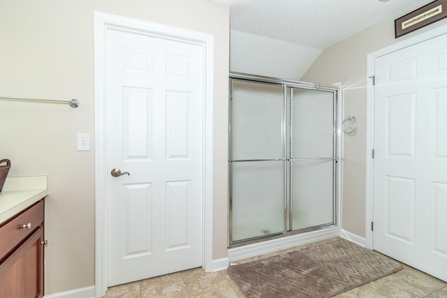 bathroom featuring vanity, vaulted ceiling, and an enclosed shower