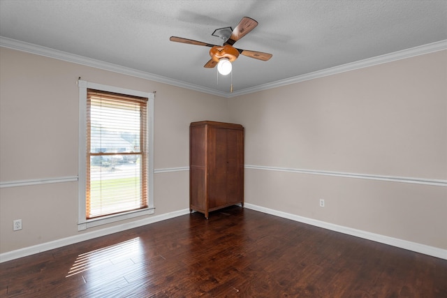 unfurnished room featuring a textured ceiling, dark hardwood / wood-style flooring, ceiling fan, and crown molding