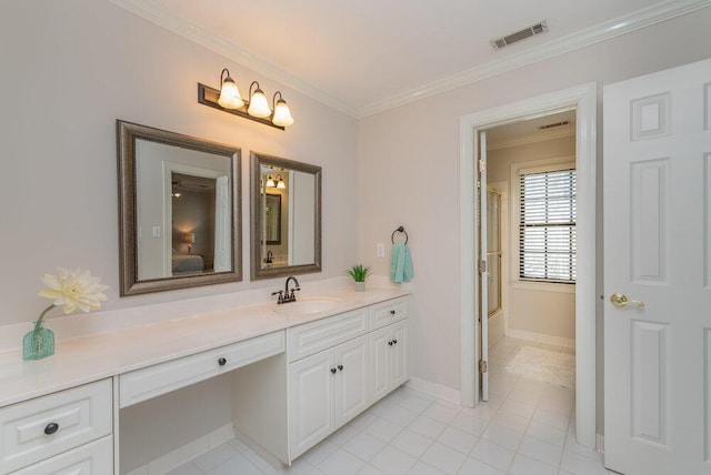 506 Creek Blf, Martinez, GA 30907 - full bath featuring vanity, crown molding, tile patterned flooring, and shower / bath combination with glass door