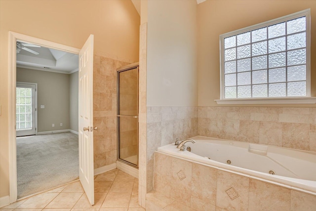 1123 Blackfoot Dr, Evans, GA 30809 - bathroom with a whirlpool tub, a stall shower, ceiling fan, and tile patterned flooring