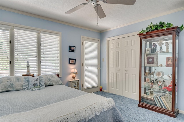 3725 Wexford Dr, Martinez, GA 30907 - bedroom with carpet floors, multiple windows, a closet, a ceiling fan, and a textured ceiling