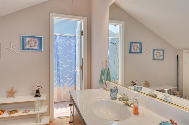 3725 Wexford Dr, Martinez, GA 30907 - full bath with vanity, lofted ceiling, and a shower with curtain