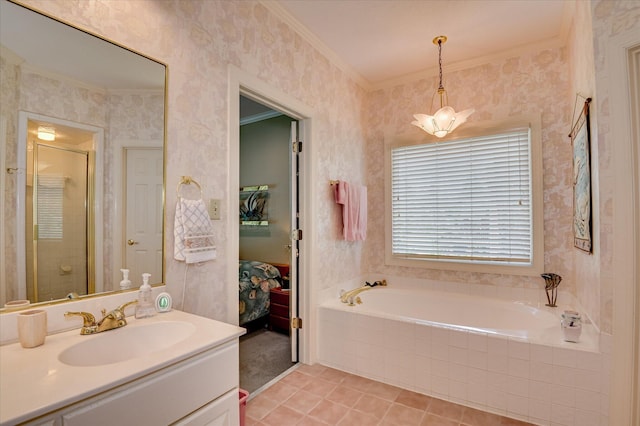 3725 Wexford Dr, Martinez, GA 30907 - ensuite bathroom with a garden tub, crown molding, vanity, tile patterned flooring, and a stall shower