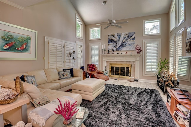 3725 Wexford Dr, Martinez, GA 30907 - living room featuring a ceiling fan, a fireplace, a high ceiling, and wood finished floors