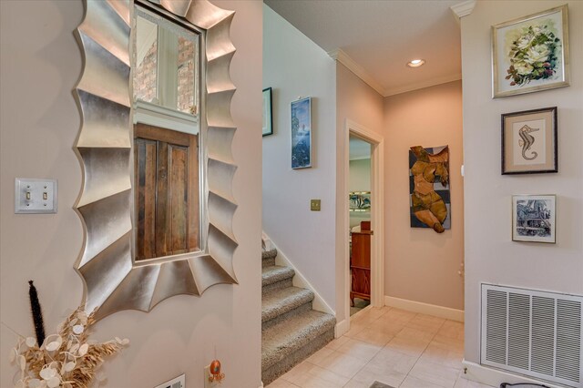 3725 Wexford Dr, Martinez, GA 30907 - stairs with crown molding, tile patterned floors, and recessed lighting