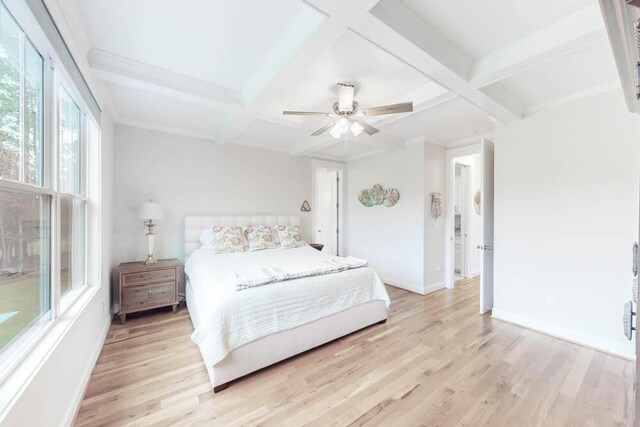 bedroom featuring ceiling fan, light wood-type flooring, and multiple windows