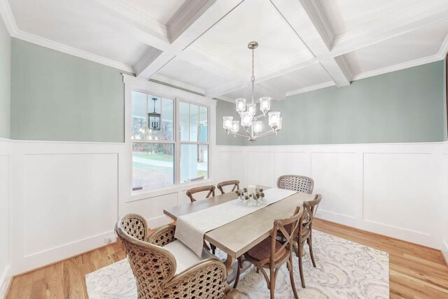 dining area with beam ceiling, ornamental molding, and coffered ceiling