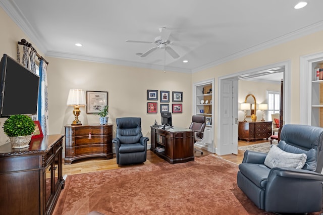 1201 Reid Rd, Augusta, GA 30909 - office area featuring ornamental molding, a ceiling fan, light wood-style flooring, and recessed lighting