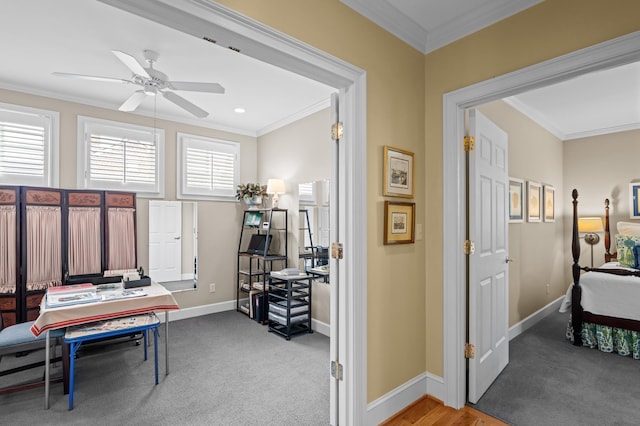 1201 Reid Rd, Augusta, GA 30909 - carpeted home office featuring ceiling fan, crown molding, and baseboards