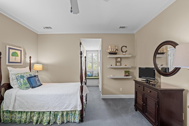 1201 Reid Rd, Augusta, GA 30909 - bedroom with baseboards, visible vents, dark carpet, and crown molding