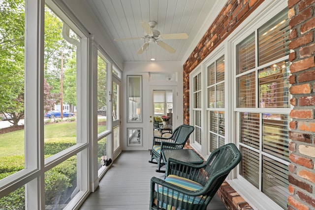 1201 Reid Rd, Augusta, GA 30909 - sunroom with wood-type flooring, a ceiling fan, and wooden ceiling