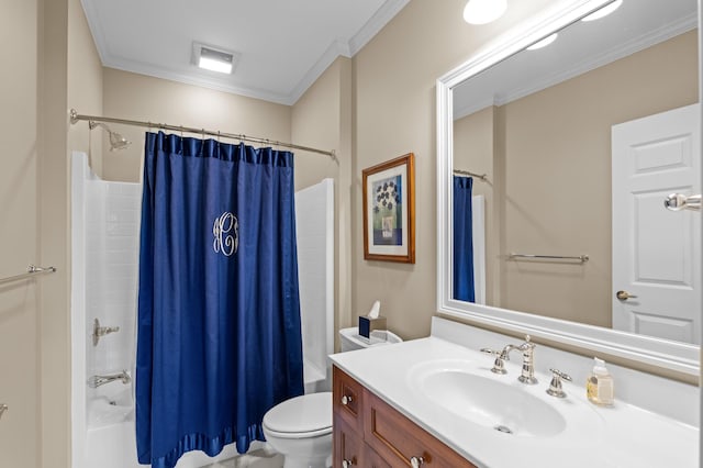 1201 Reid Rd, Augusta, GA 30909 - full bathroom with toilet, vanity, ornamental molding, and shower / tub combo with curtain