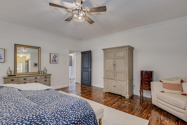 bedroom featuring dark hardwood / wood-style floors, ceiling fan, and ornamental molding