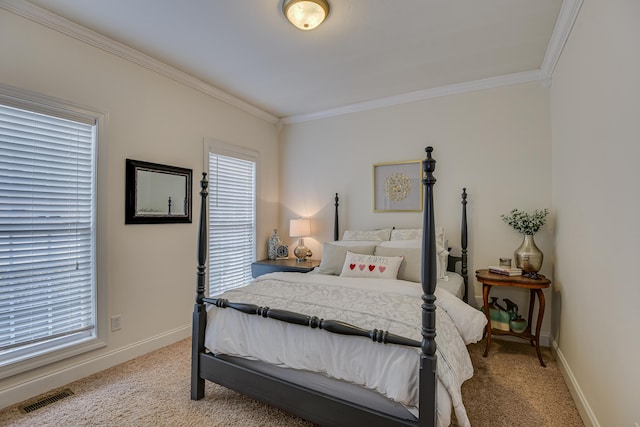 bedroom featuring light colored carpet and crown molding