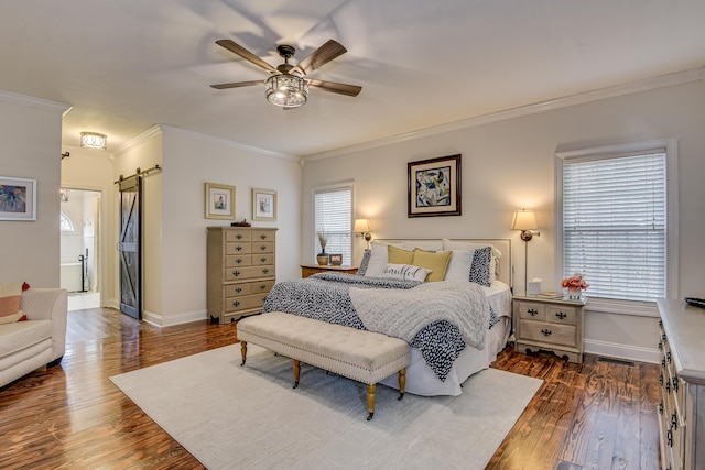 bedroom featuring multiple windows, ceiling fan, dark wood-type flooring, and ornamental molding