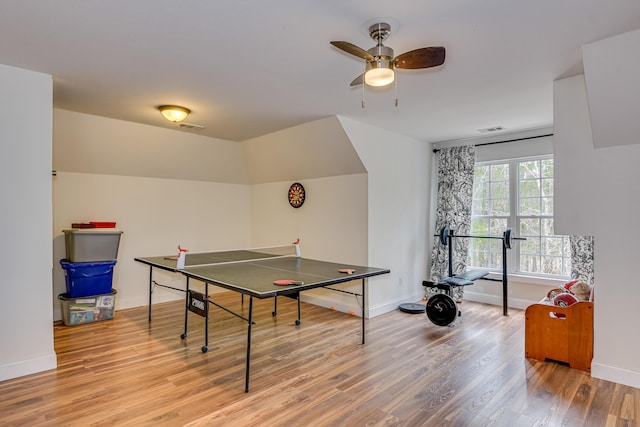 recreation room with light wood-type flooring, plenty of natural light, and ceiling fan