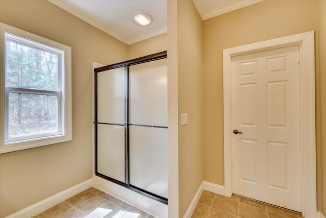 113 Rutledge Ln, Mccormick, SC 29835 - full bathroom featuring a shower stall, ornamental molding, tile patterned flooring, and baseboards