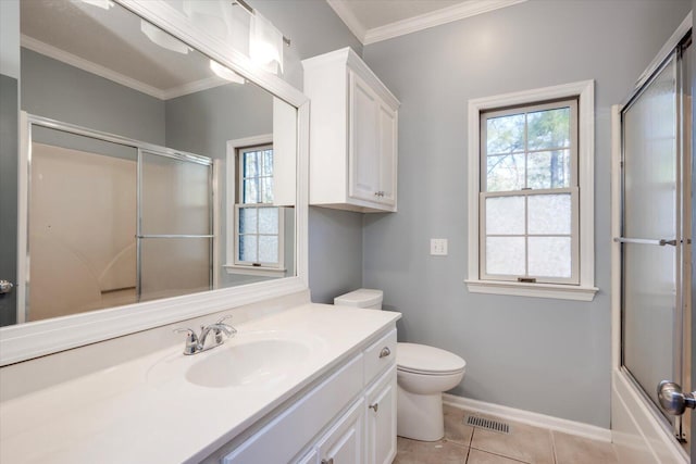 305 Kingfisher Pt, Mccormick, SC 29835 - full bathroom featuring tile patterned floors, toilet, shower / bath combination with glass door, ornamental molding, and vanity