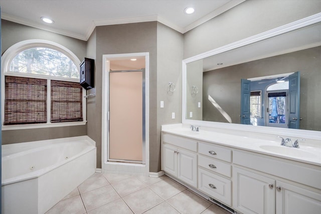 305 Kingfisher Pt, Mccormick, SC 29835 - bathroom with ornamental molding, vanity, separate shower and tub, and tile patterned flooring