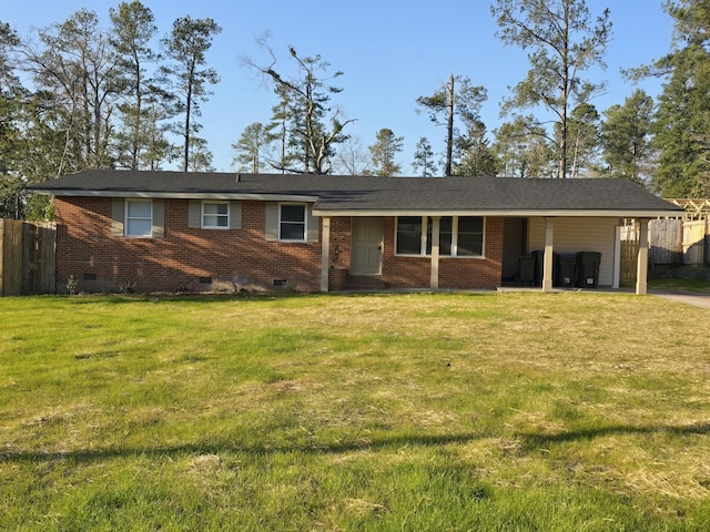 single story home featuring brick siding, crawl space, and fence