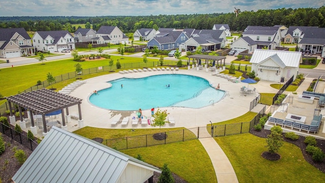 view of swimming pool featuring a gazebo, a yard, a pergola, and a patio