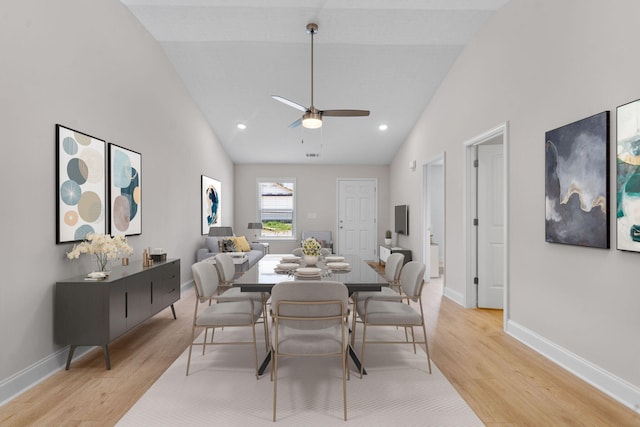 2242 Archer Ln, Augusta, GA 30906 - dining space with light wood-type flooring, high vaulted ceiling, a ceiling fan, and recessed lighting