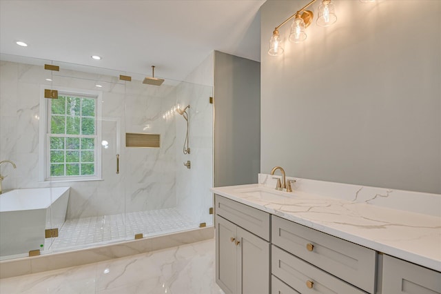 1 Bohler Ave, Evans, GA 30809 - full bathroom with a marble finish shower, marble finish flooring, vanity, a freestanding tub, and recessed lighting