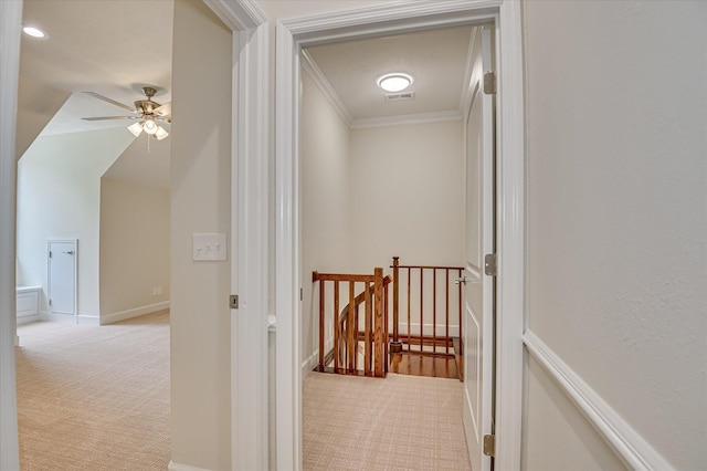1 Bohler Ave, Evans, GA 30809 - hall featuring an upstairs landing, light carpet, and crown molding
