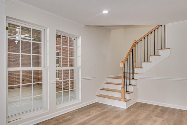 1 Bohler Ave, Evans, GA 30809 - stairs featuring wood finished floors, ceiling fan, recessed lighting, and ornamental molding