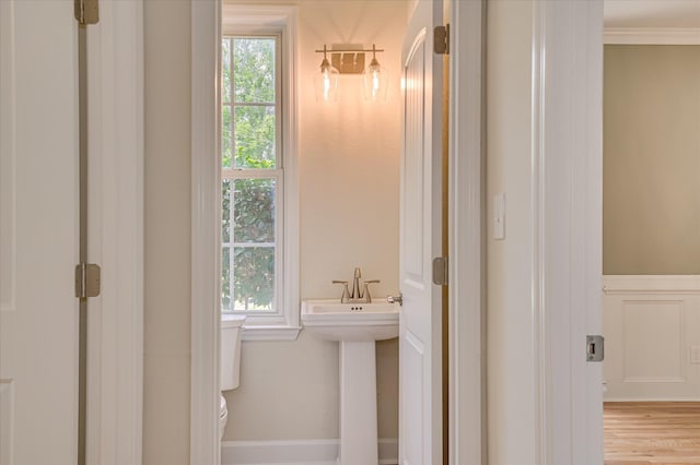 1 Bohler Ave, Evans, GA 30809 - bathroom with plenty of natural light, ornamental molding, wood finished floors, and a wainscoted wall