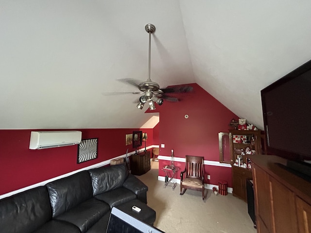carpeted living area featuring a wall mounted air conditioner, vaulted ceiling, and ceiling fan