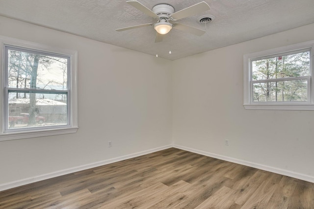 empty room featuring wood-type flooring, a textured ceiling, and ceiling fan