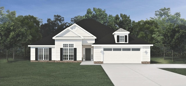 view of front facade with driveway, a front yard, and an attached garage
