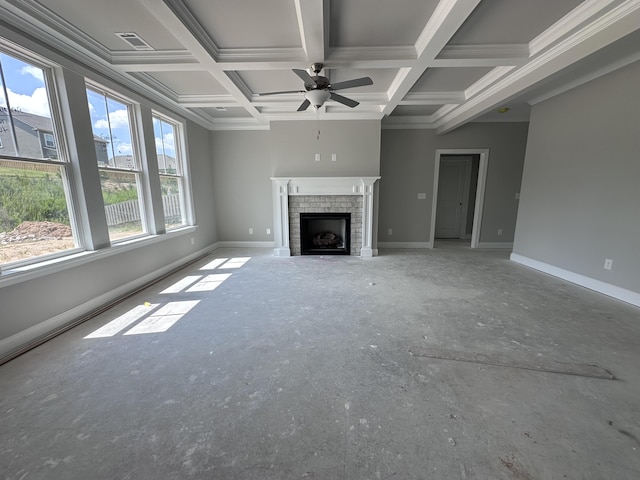 845 Lillian Park Dr, Grovetown, GA 30813 - unfurnished living room with coffered ceiling, ceiling fan, a brick fireplace, baseboards, and beamed ceiling