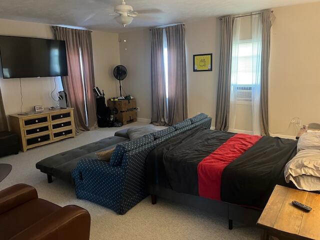 bedroom with carpet and a ceiling fan