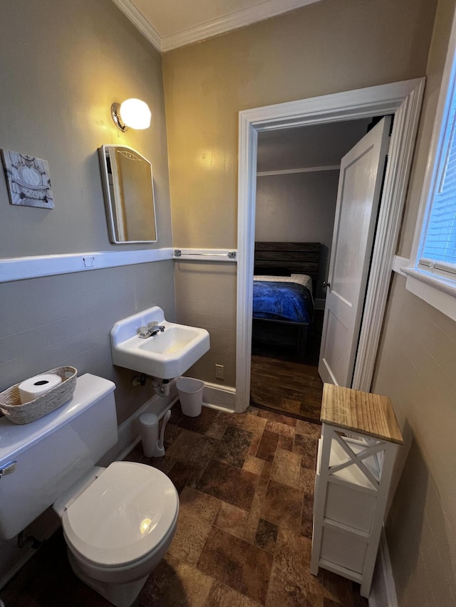 bathroom with ornamental molding, toilet, stone finish flooring, and a sink